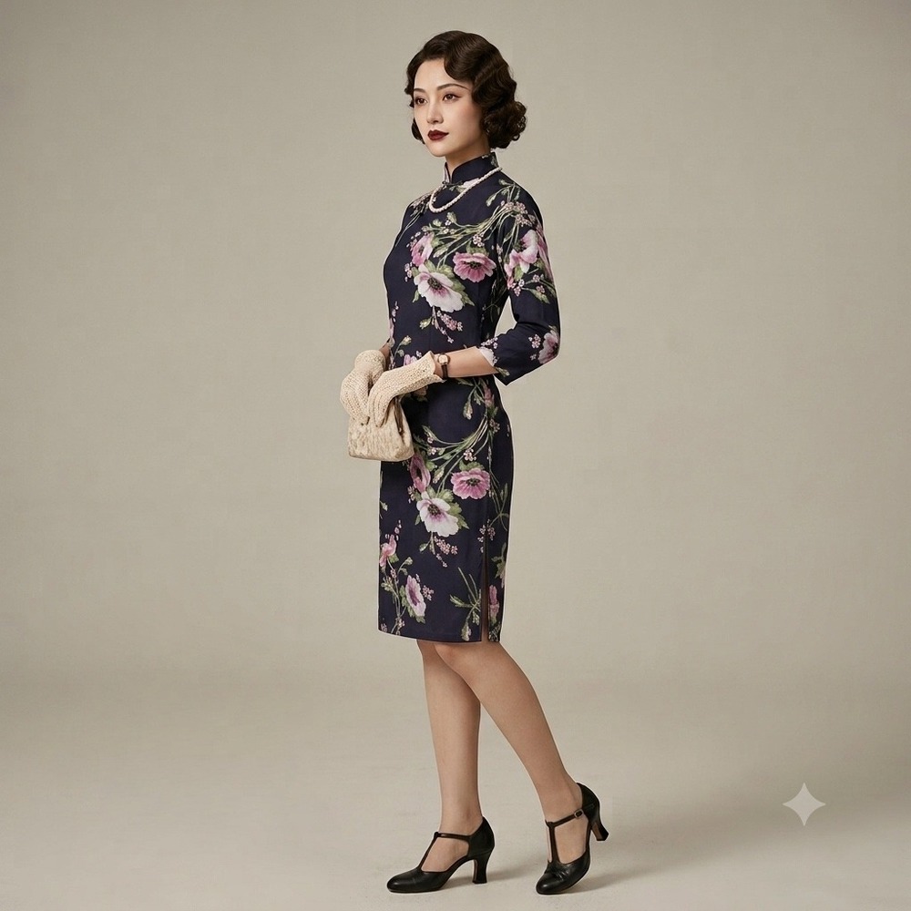 Vintage‎ 1930s Cheongsam Qipao Dress Navy Pink Floral Rayon Art Deco XS